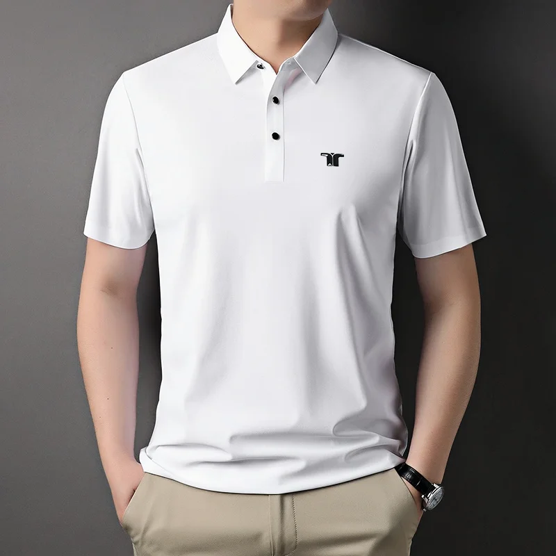 الراقية قميص بولو من الحرير الجليدي المألوف بأكمام قصيرة للرجال 2025 صيف جديد طباعة تصميم عادية تنفس العلامة التجارية تي شيرت