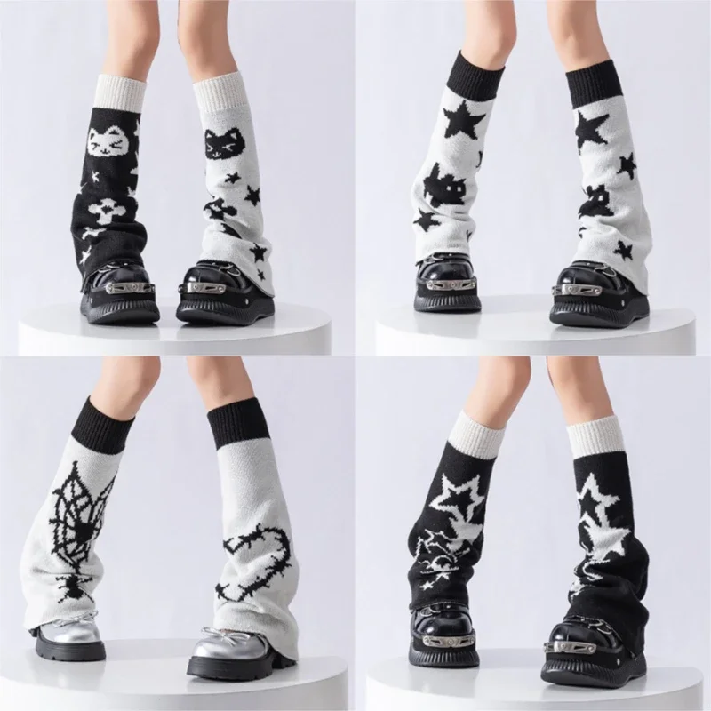 

Autumn Winter Y2K Hot Girl Knitted Stacked Socks Japanese Lolita Cat Star Spider Leg Covers JK Flared Wide Punk Calf Warmers