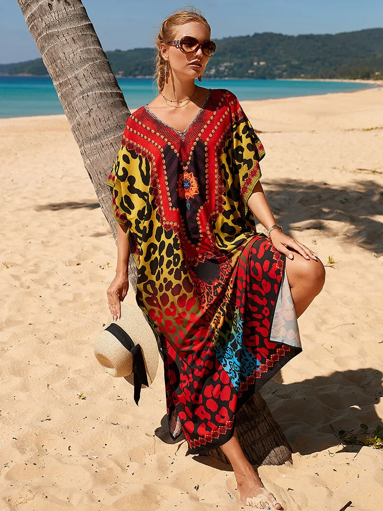 

2023 Over Size Boho Dress Robe Plage Kaftan Pareos Beachwear Beach Cover-ups Sarong Beach Tunic Print Leopard Maxi Beach Dress