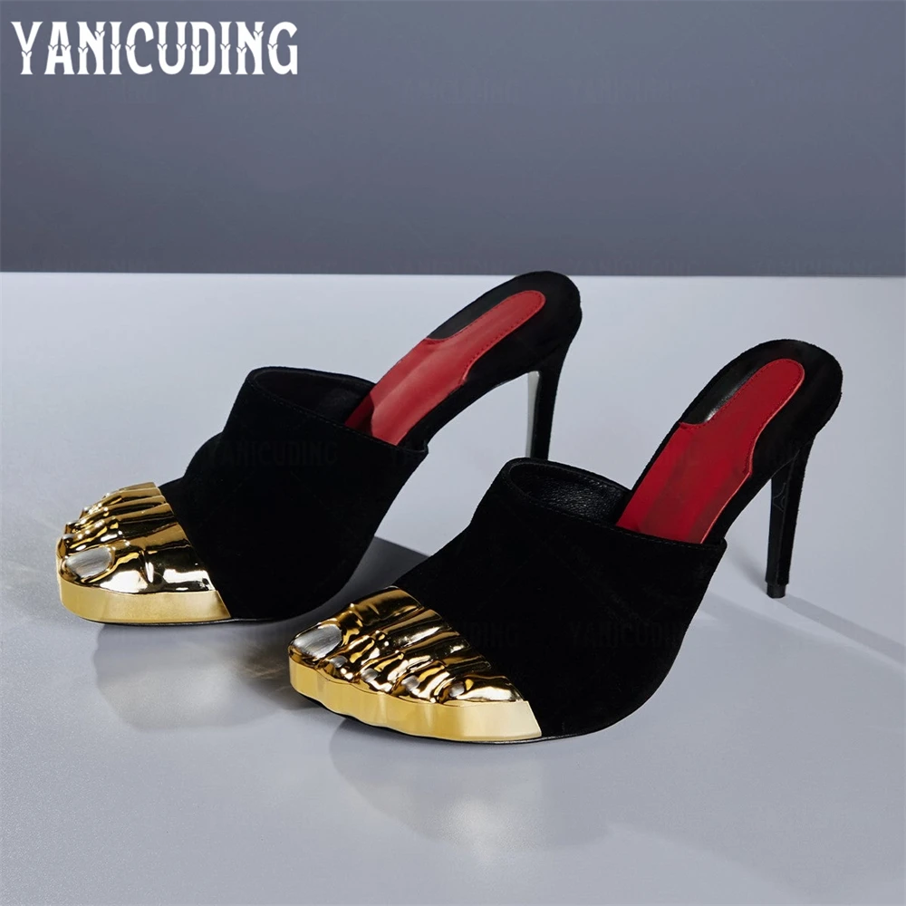 

Metallic Toe Mules Novelty Toe Slippers Black Satin Red Foot Pad Luxurious High Heels Elegant Stiletto Designer Banquet Slippers