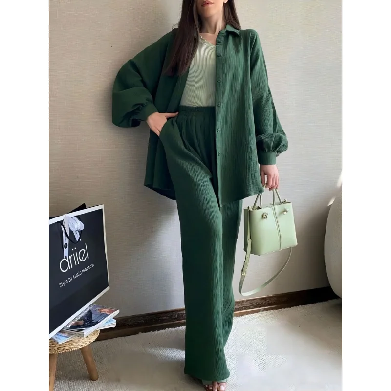 

2025 hot sale autumn winter New WOMEN'S two-piece set long sleeve turn-down collar shirt button top elastic waist long pants as
