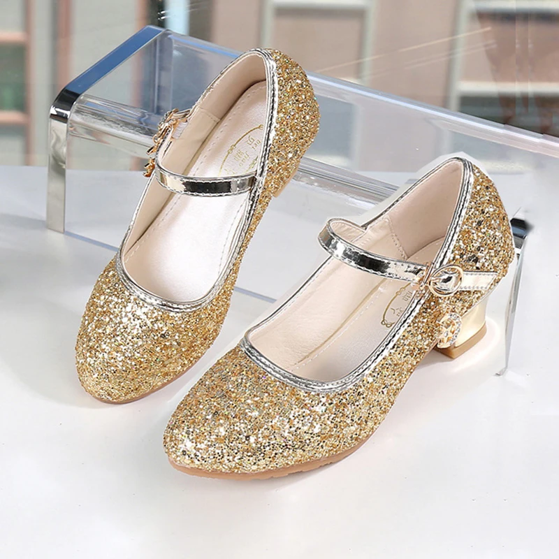 

Flower Children Silver Pink Sequins High-Heeled Shoes For Girls Party And Wedding Model Dance Princess Crystal Shoes New 2024