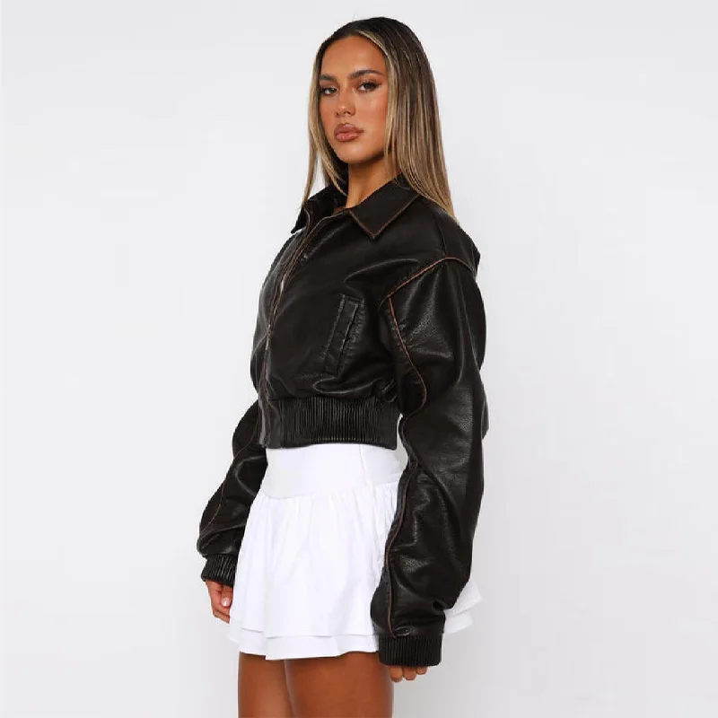 여성 패션 빈티지 라펠 숏 가죽 재킷 캐주얼 루즈 지퍼 코트 2025 가을 여성 클래식 스트릿웨어 출퇴근 코트