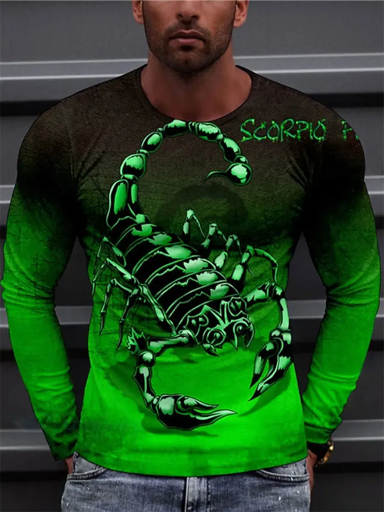 Camiseta de manga larga con diseño de escorpión en 3D para hombre, color verde neón, con estampado brillante, diseño de signo zodiacal del escorpio, estilo urbano, camiseta de cuello redondo.