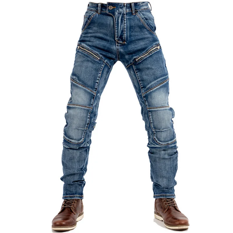 

Slim Fit Men's Jeans Casual Elastic Motorcycle Double Zipper INS Trendy Youth Long Pants Water Waed Straight Leg Jeans
