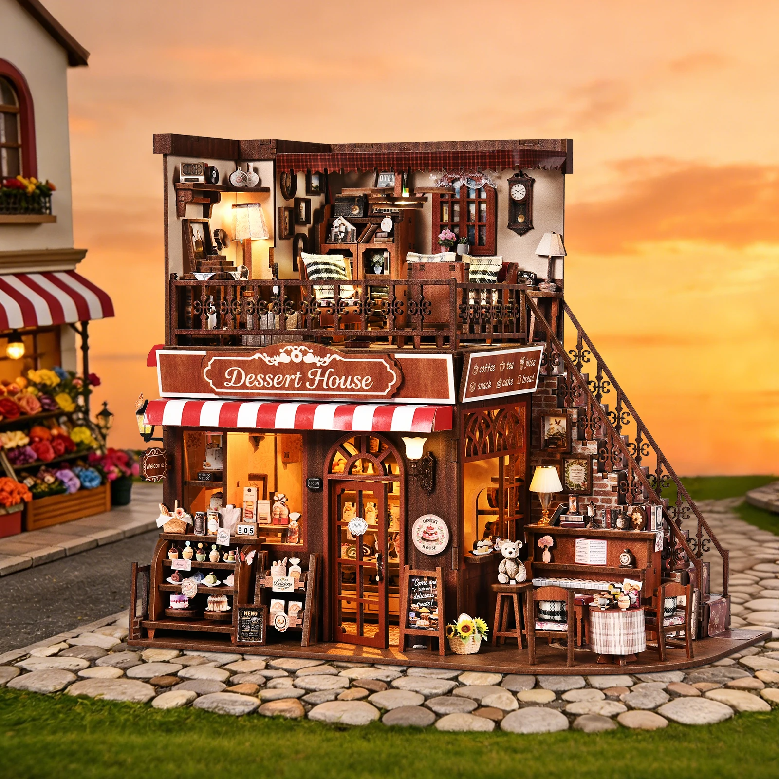DIY Book Nook Kit Cake Shop Wooden  Bookshop Dollhouse with Light Loveliness Bookshelf Insert 3D Puzzle Decor for Gift