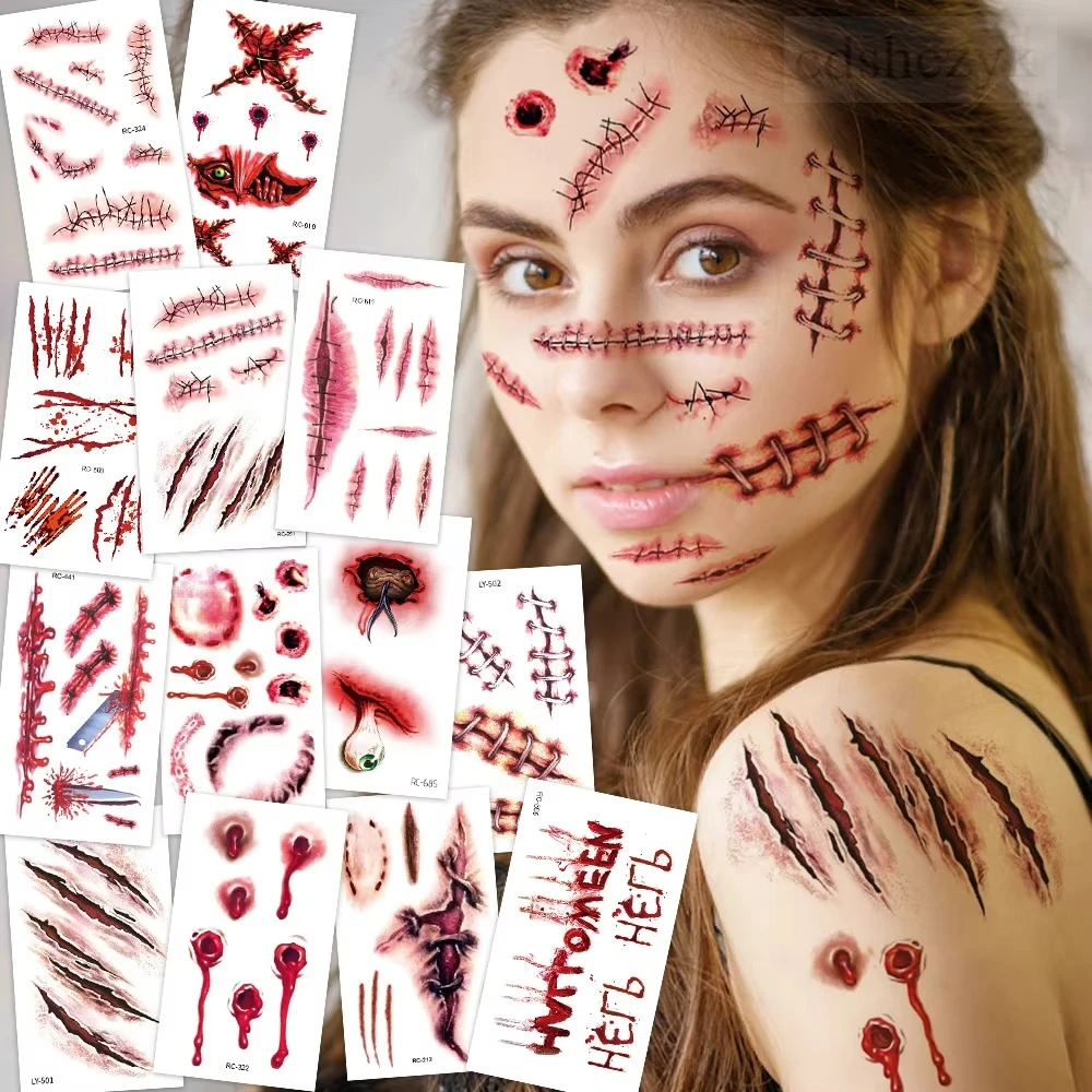 32Pcs Halloween 3D Fake Scar Temporary Tattoos - Bloody Wound & Zombie Designs for Face/Body, Costume Party, Prank & Cosplay​
