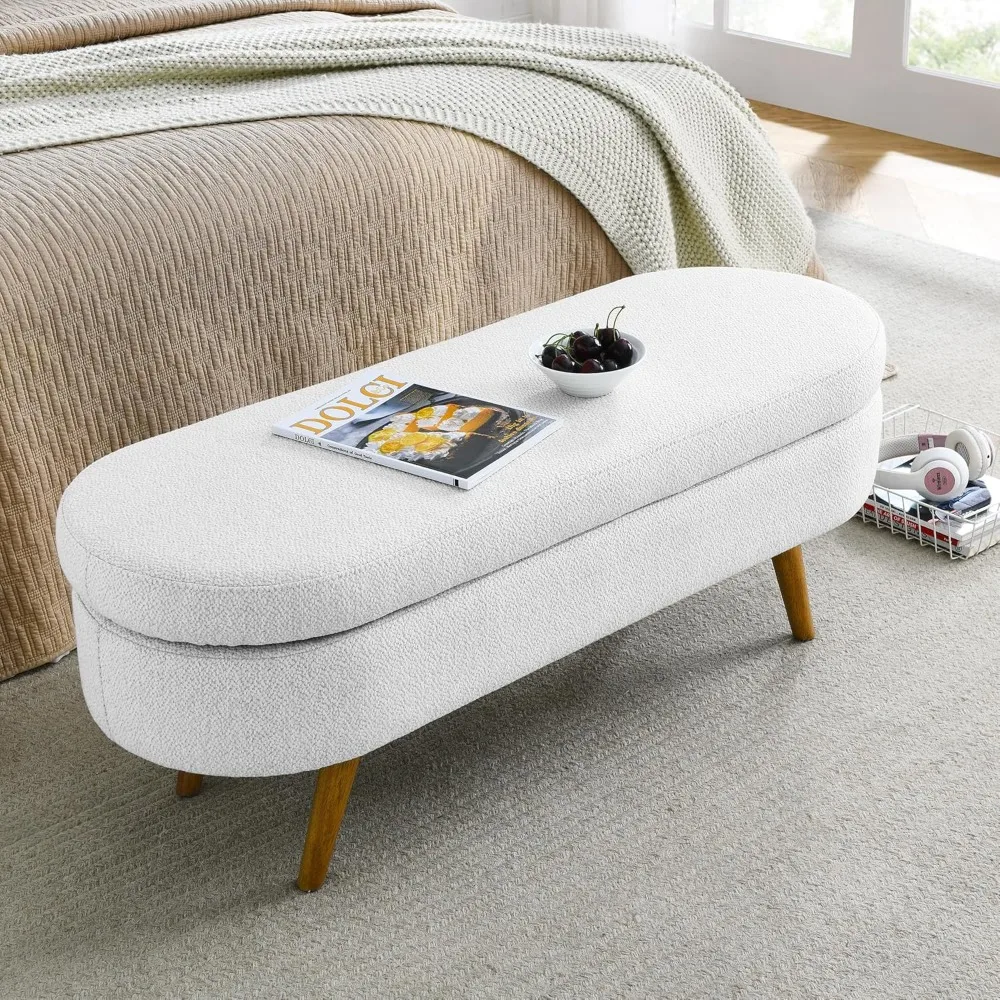 مقعد تخزين من قماش الكتان الأبيض مقاس 43.5 بوصة مع أرجل خشبية صلبة لغرفة المعيشة وغرفة النوم ومدخل العثماني