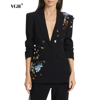 VGH סוליד ספילינג סיקווינס בלייזרים לנשים צווארון לא מסומן שרוול ארוך טוניקה קז'ואל בלייזר נשי חדש סתיו 2024