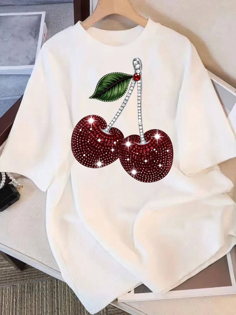 Women'S Golden Cherry Print Short Sleeve Stylish Round Neck Perfect for Spring Outfits Cherry Themed Items Aesthetic Clothes
