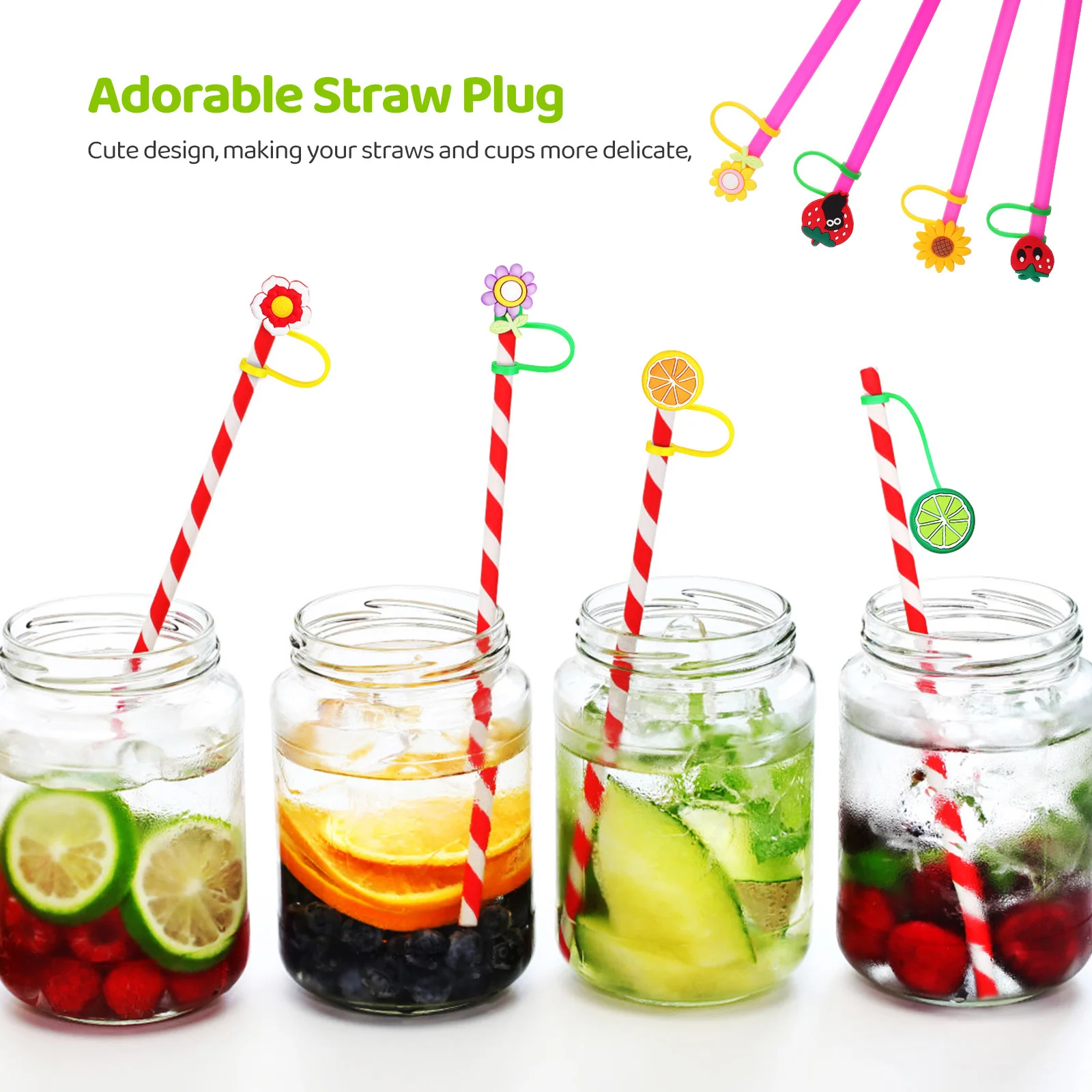

10 Pcs Straw Covers Silicone Dustproof Reusable Toppers for Tumblers Glass Child Cartoon PVC Decorative Straw Tips
