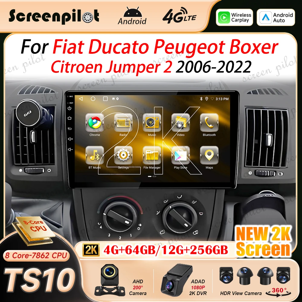 Android16 Car Radio For Fiat Ducato Peugeot Boxer Citroen Jumper 2 2006 2007-2022 Multimedia Video Player Navigation GPS NO 2DIN