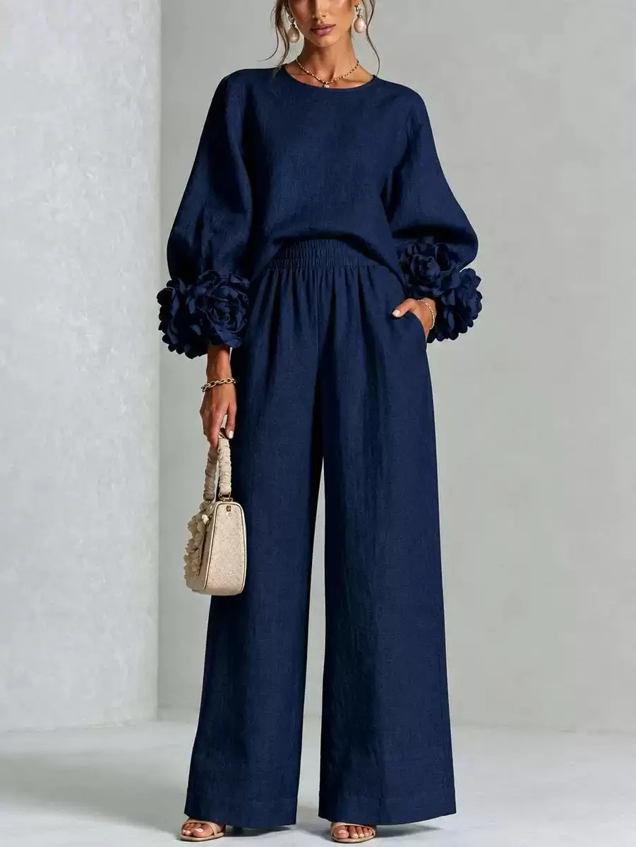 Ladies' Linen Two-Piece Set with 3D Flower Cuff round Neck Bubble Sleeve Top And High Waist Wide Leg Pants Elegant Casual Outfit