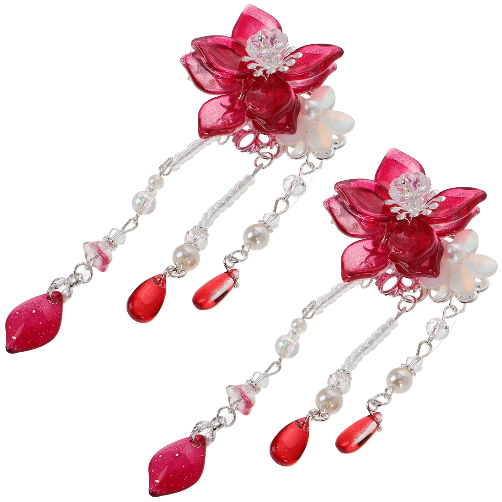 

1 Pair Red Long Hair Accessories Kids Girls Chinese Style Flower Hair Clips Vintage Hairpins Hanfu Decorations Child