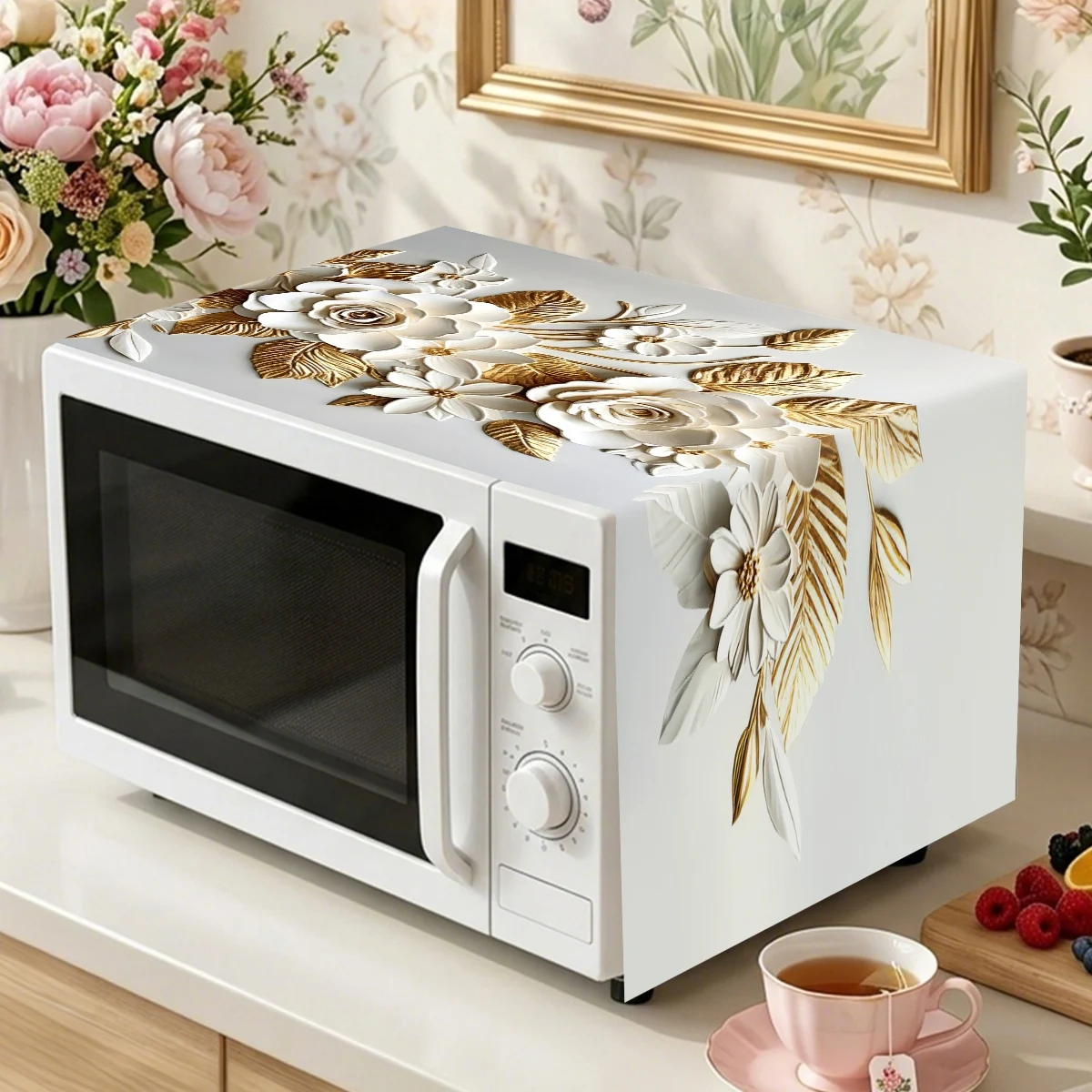 35*85cm White Golden Microwave Oven Cover 2D Flat Flower Design Polyester Dust Cover Household Appliances Cloth Kitchen Decor