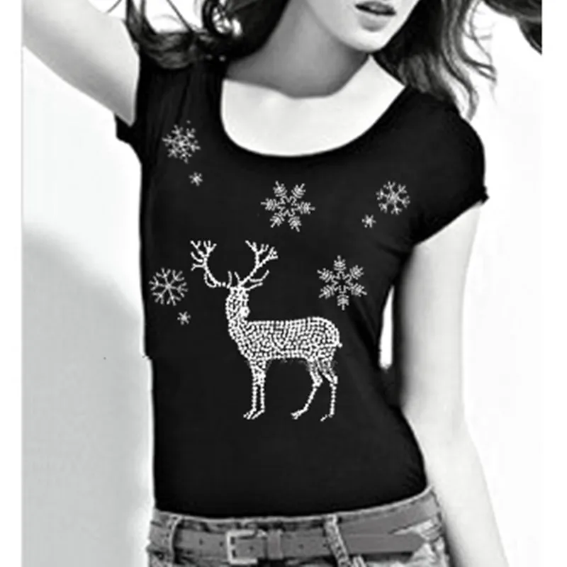 

Christmas Snow Deer Rhinestones Patch Iron-On Transfer Motif Hot Fix Stones Applique for Shirts Glittering Christmas Deer Design