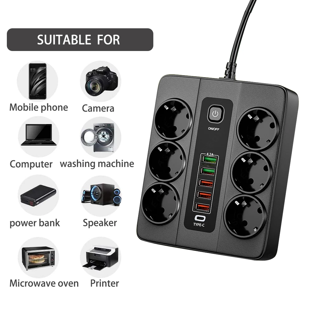 3000W EU Power Strip protezione da sovraccarico 6 vie 4 presa multipla USB presa di prolunga USB C con interruttore per Office Home