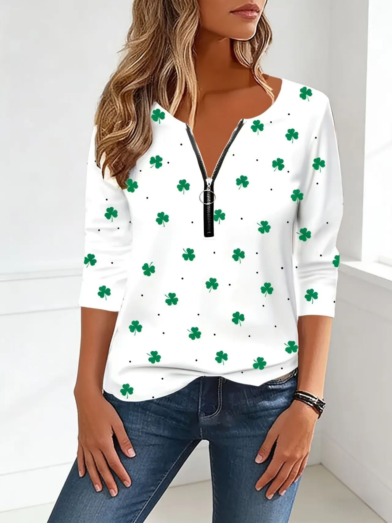 تي شيرت بطبعة قلب مقاس كبير، بلوزة كاجوال بسحاب وأكمام طويلة للربيع والخريف، ملابس نسائية بمقاسات كبيرة