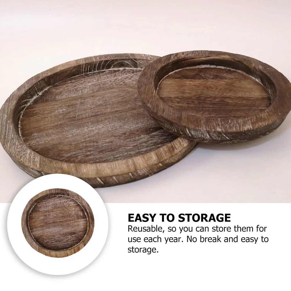 

2Pcs Real Wood Serving Tray Round Rustic Style Kitchen Countertop Storage Organizer Tray Trays for Organizing