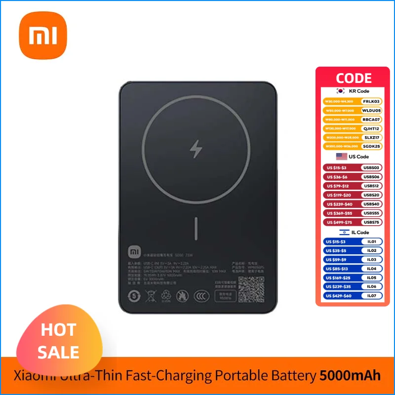Xiaomi Ultra Slim Magnetic Portable External Battery 5000mAh WPB0507S Qi 7.5W 22.5W Fast Charging Power Bank for iPhone 15-18