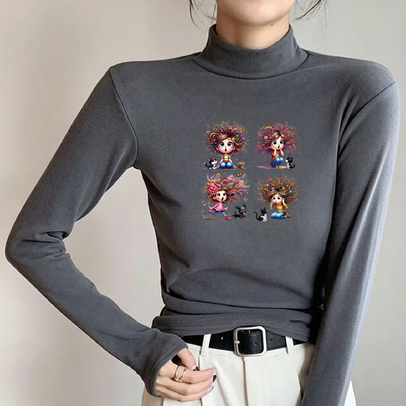 Winter Women's Thermal Brushed Fleece Half Mock Neck Long Sleeve T Shirt Curly Hair Girl Cats Quad Graphic Warm Tee