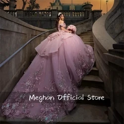 Pink Sweet 16 Quinceanera Dresses Elegant Princess Prom Birthday Party Appliques Lace Flower Bead Vestidos De 15 Anos Customized