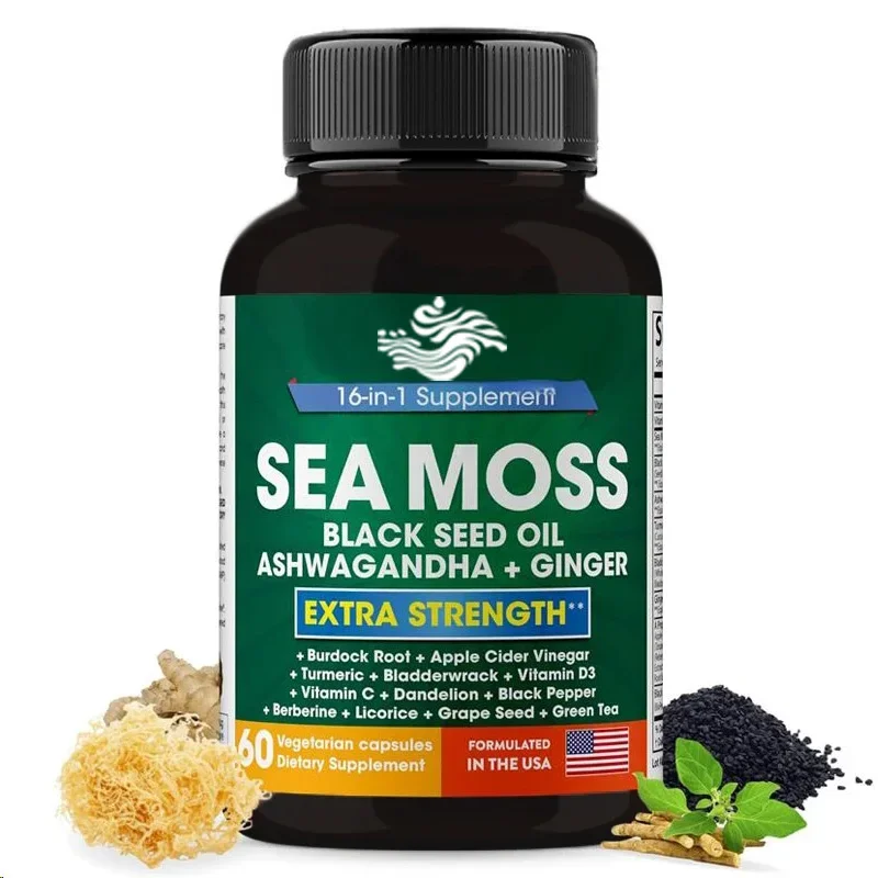 

60capsules Sea Moss Black Seed Oilsouth African Drunken Eggplant Ginger Burdock Root,turmeric Black Pepper Multi Inonesupplement