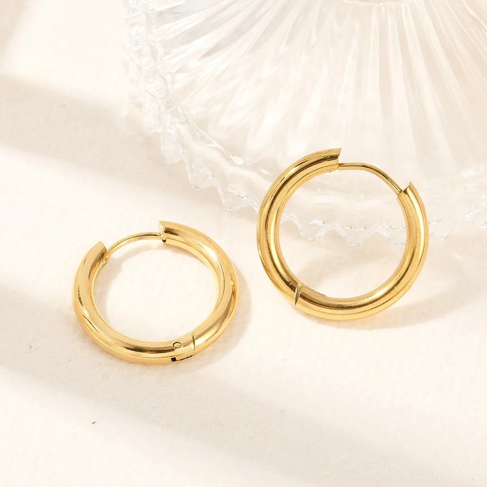 Ion Plating(IP) 304 Stainless Steel Huggie Hoop Earrings Manual Polishing Ring Real 18K Gold Plated 9 Gauge 21x21.5x3mm Pin: 1mm