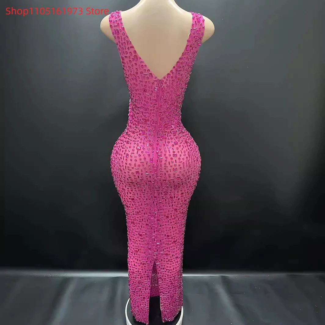Robe de soirée en maille strass rose, tenue de spectacle sur scène, pour banquet, anniversaire, nouvelle collection