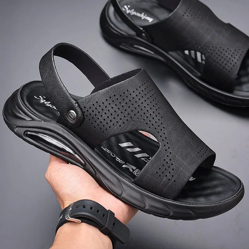 New summer men's sandals casual dual-purpose air cushion sandals men's head layer cowhide breathable leather hole beach shoes