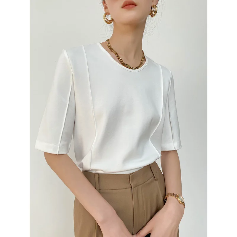 Spring and Summer T-Shirt Women's Short-Sleeved Design Sense Half-Sleeved Round Neck Top Ironing-Free Casual Top