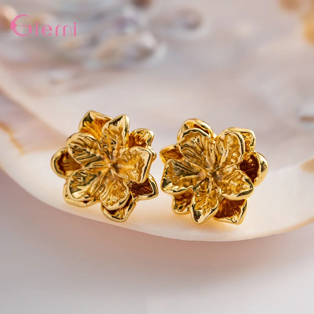 Fasion 925 Sterling Silver Simple Flower Stud Earrings For Girl Christmas Gift