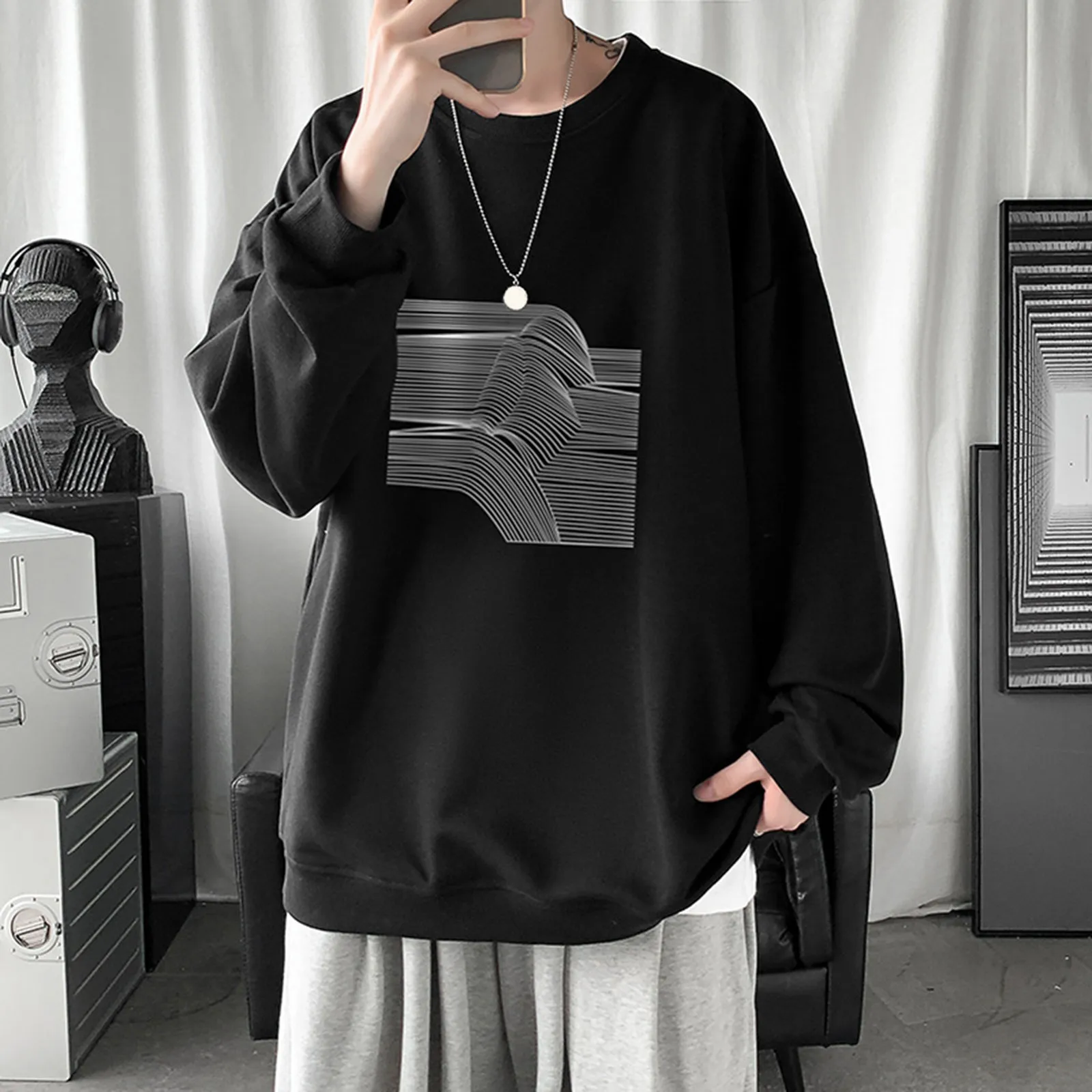 Y2k Mens Hoodies Korean Fashion Simple Hoodless Pullover Sweater Oversize Long Sleeve Top Blouse Japanese Black Sweatshirts