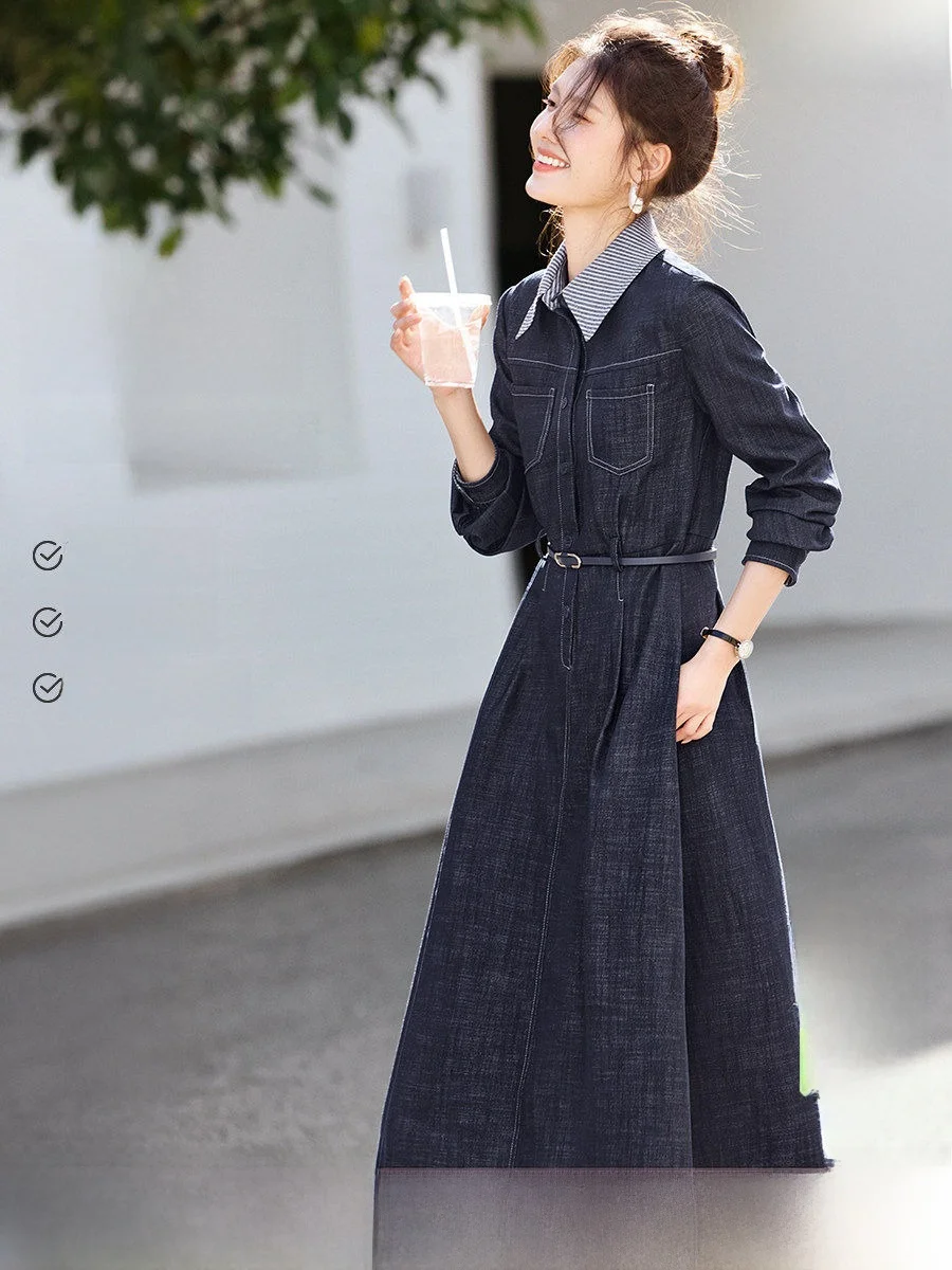 

Женская джинсовая юбка XWI с имитацией льняной текстуры, простой пэчворк, воротник-рубашка, длинный рукав, полиэстер