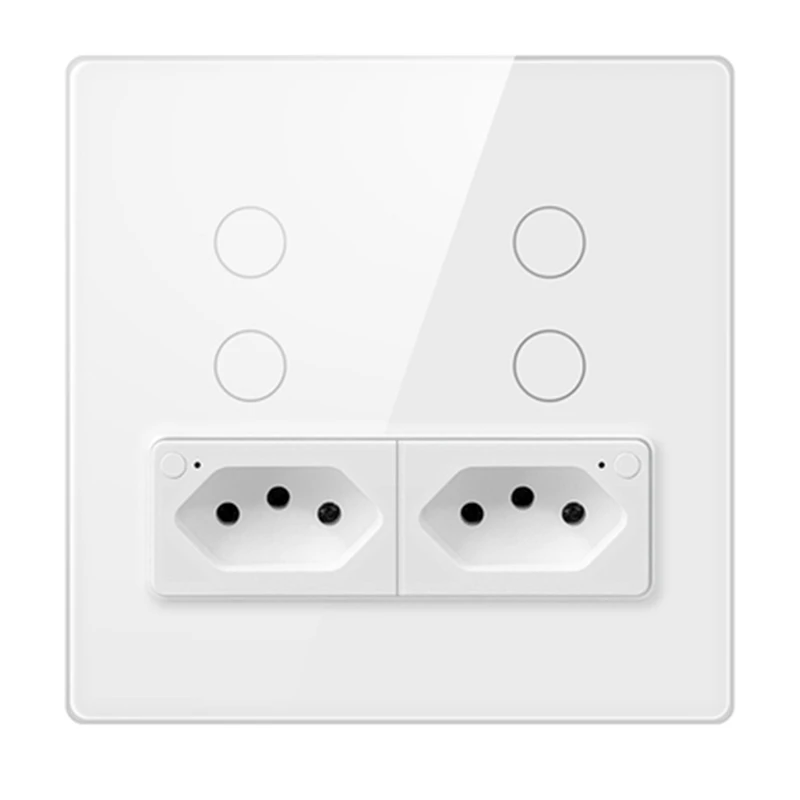 1 Piece Tuya Wifi Smart Brazil Wall Switch And Socket, 4 Buttons Switch Tempered Glass+PC For Alexa Google Home White