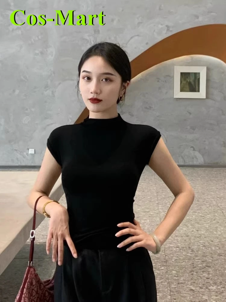 

Cos-Mart Half-neck Black Knitted Short-Sleeved T-shirt Spring/Summer New Tight-fitting Short Style Innerwear Tops Anime