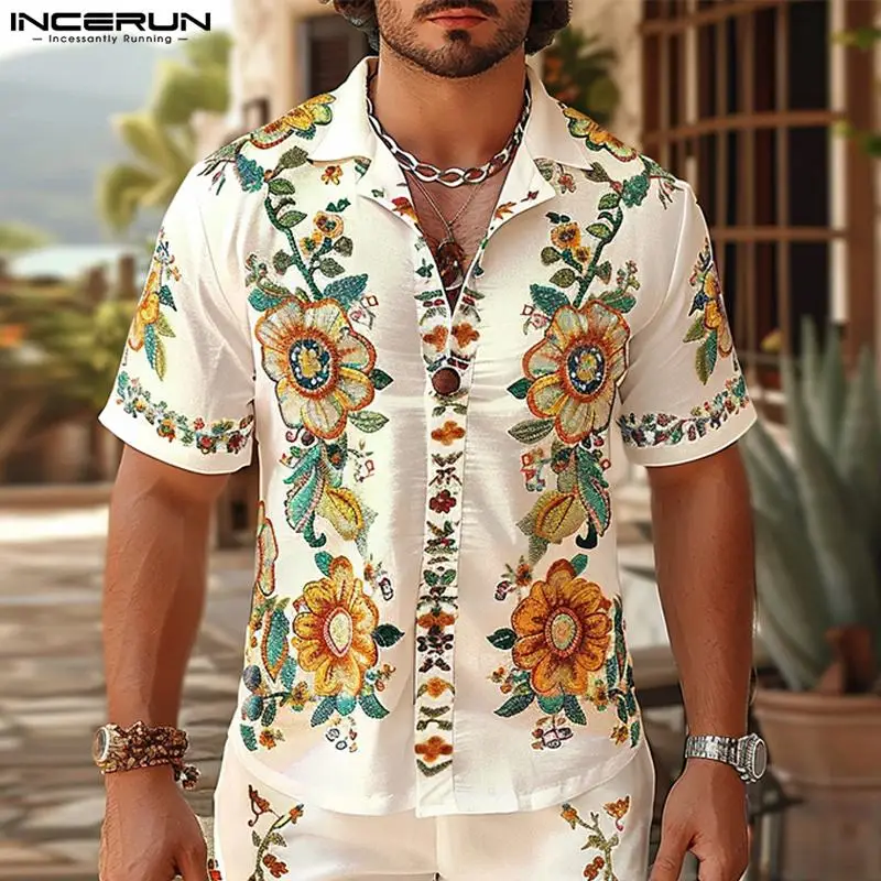 

INCERUN Men Shirt Flower Printing Lapel Short Sleeve Summer Casual Men Clothing Streetwear 2024 Vacation Fashion Camisas S-5XL