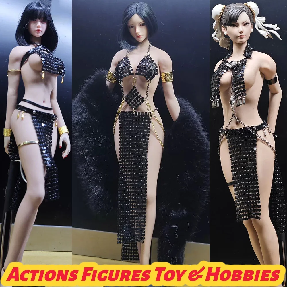 

【Только одежда】Комплект одежды Чунли 1/6: сексуальный черный металлический бюстгальтер-халтер, юбка с высоким разрезом и меховая накидка для 12-дюймовой фигурки.