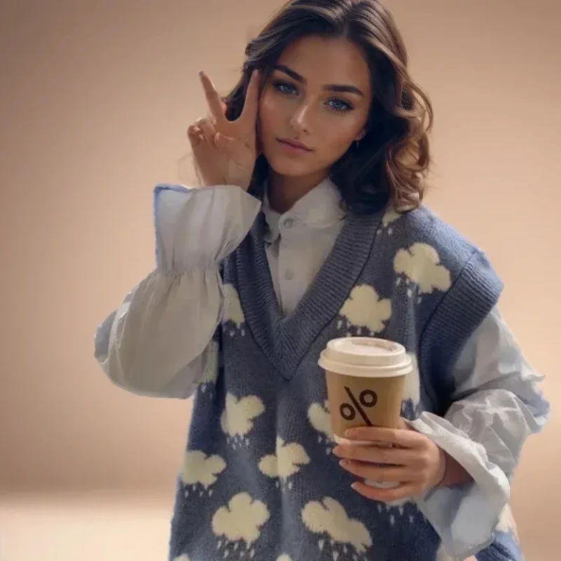 جديد سترة جاكار الأزرق سحابة صغيرة سترة محبوك تانك القمم الخامس الرقبة سترة فضفاضة فضفاضة المرأة 15990