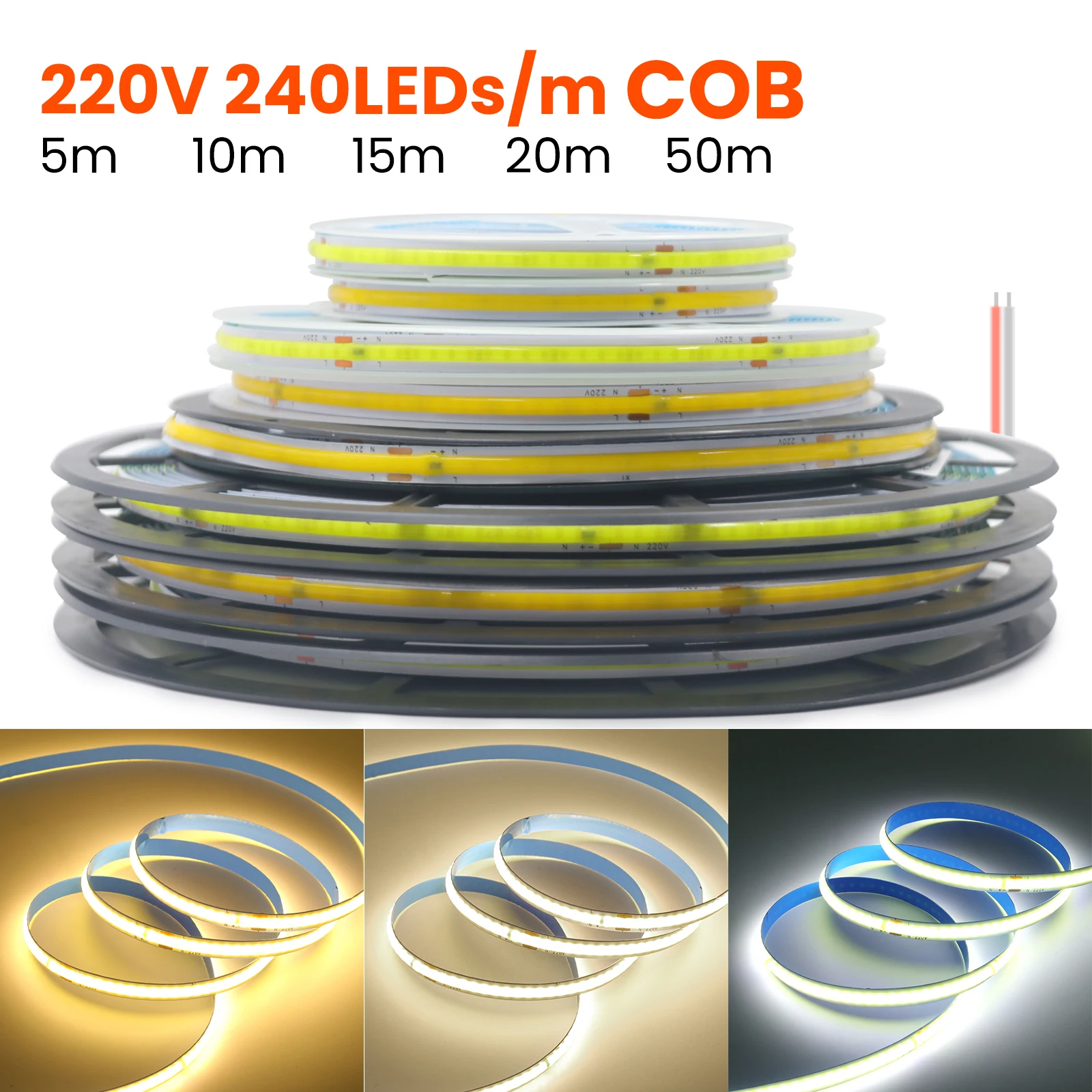 220V 5m 10m 15m 20m 50m COB LED Strip High Density 8mm PCB 240LEDs/m White/Warm White Cuttable and Flexible Ribbon Rope Light