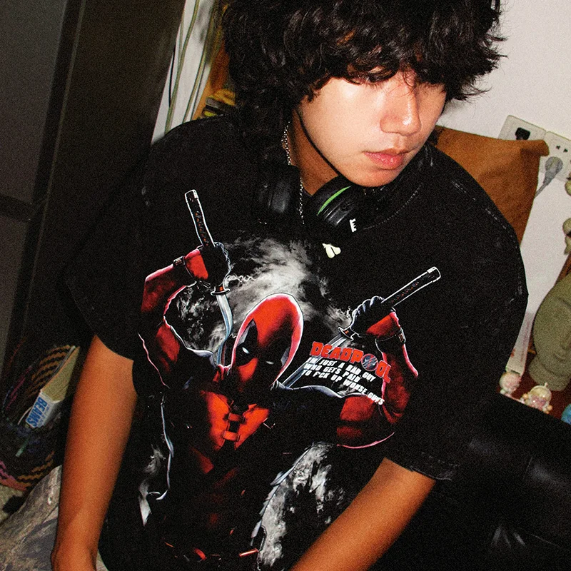 

Marvel Deadpool T-shirt Marvel Savior Wolverine Washed and Worn American Heavyweight Pure Cotton Short Sleeved Shirt