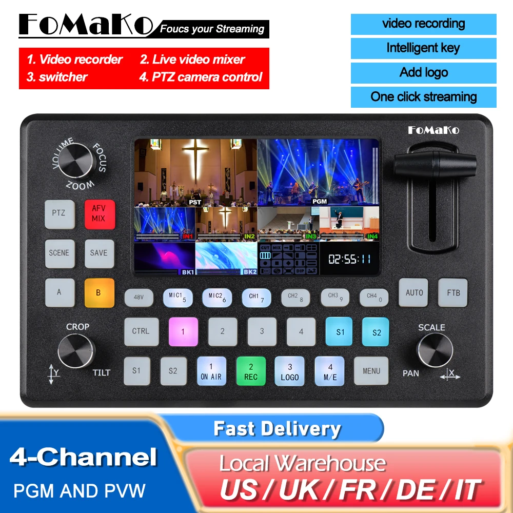 FoMaKo Video Mixer Switcher 5.5 Inch LCD Screen 4-Channel HDMI Live Streaming Switcher 1080p 60FPS (Does not Support 4K)KC601Pro