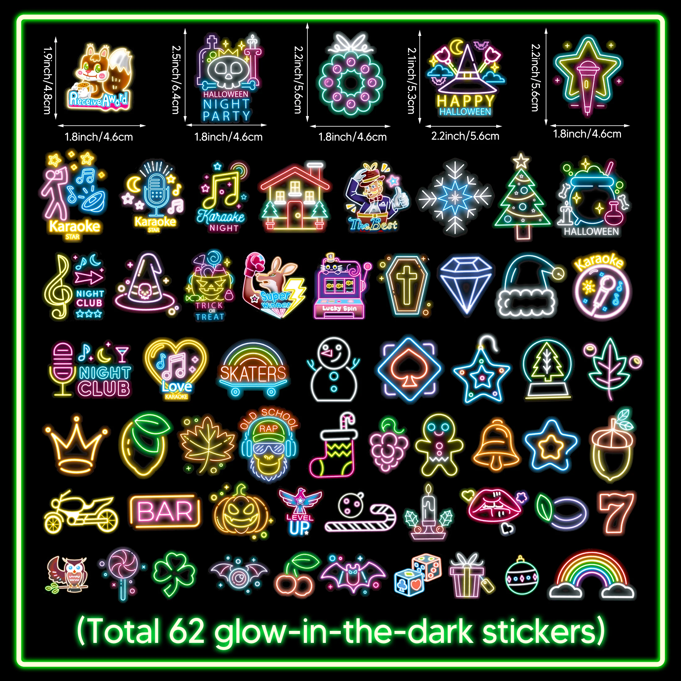 Neon Water Bottle Stickers for Kids Glow in The Dark, 59 PCS Vinyl Waterproof Stickers Pack for Laptop Skateboard Phone Case