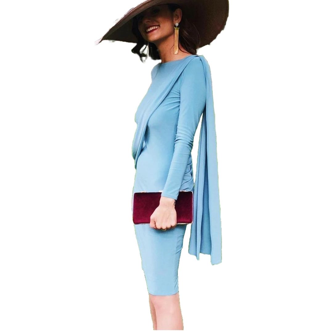 

Chic Sky Blue Knee-Length Mother of the Bride Dress with Long Sleeves Boat Neckline Draped on Shoulder Teal Wedding Party Gowns