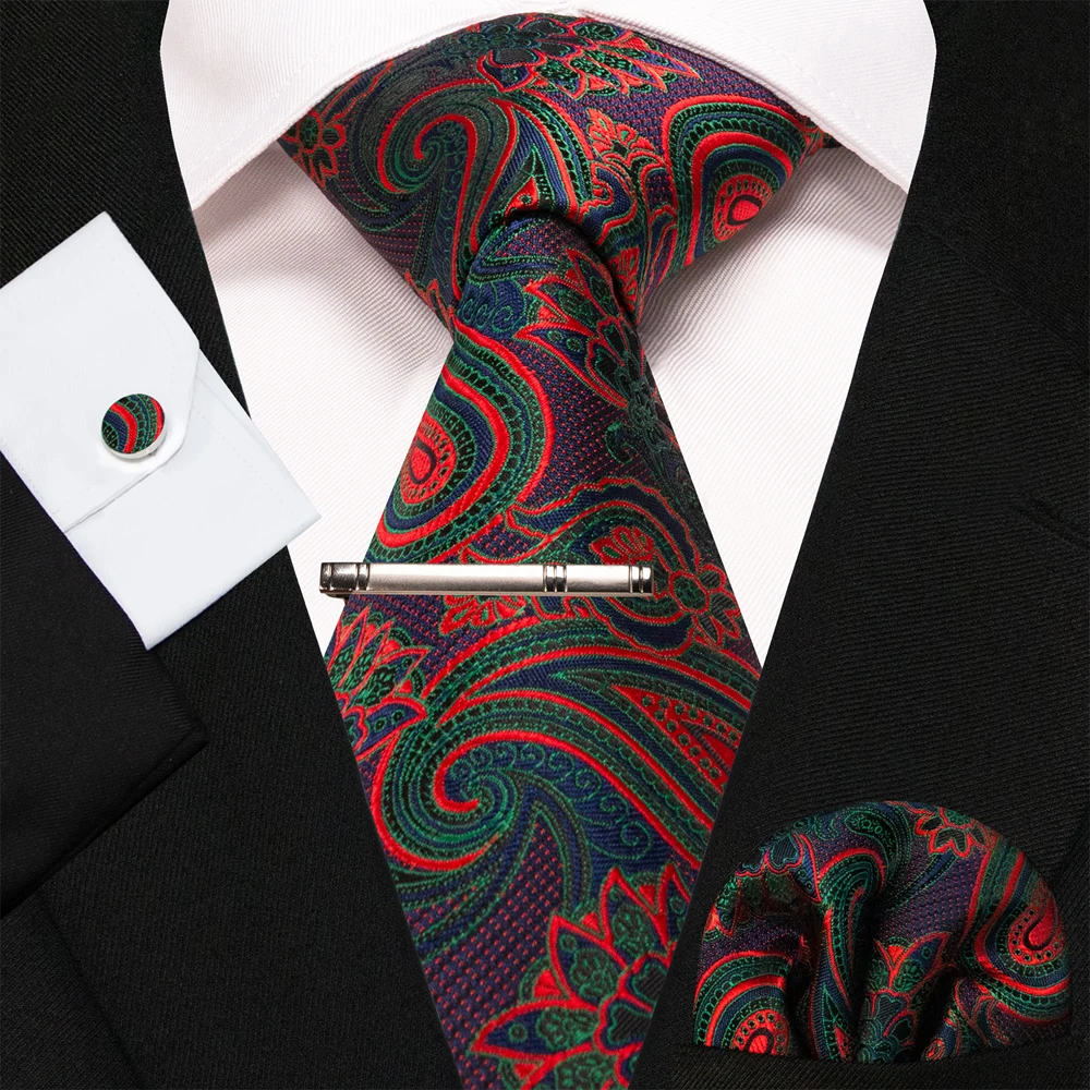 8cm Seidenkrawatten für Herren, grün-schwarze Krawatten, kariert, gestreift, Krawatten-Set mit Einstecktuch, Manschettenknöpfen und Krawattenklammern, für Hochzeit, Business, Party. – Detail 7