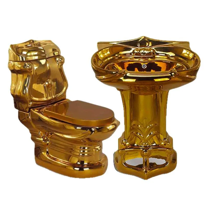 

European hotel electroplated gold ceramic toilet column basin washbasin wall row horizontal row gold toilet