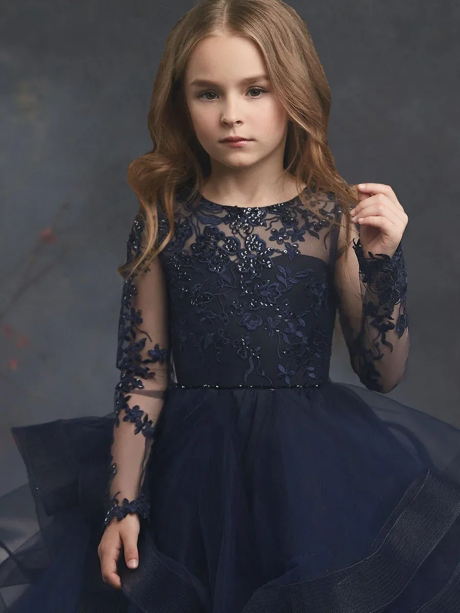 Navy Blue Flower Girl Dresses For Wedding Sequin Lace Tulle Princess Pageant Dress Tollders Long Sleeves Ball Gown Formal Dress