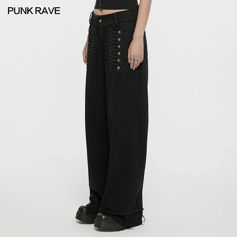 PUNK RAVE Women's Punk Straight Handsome Casual Loose Jeans Exquisite 3D Lace Retro Feeling Personalized Trousers Streetwear