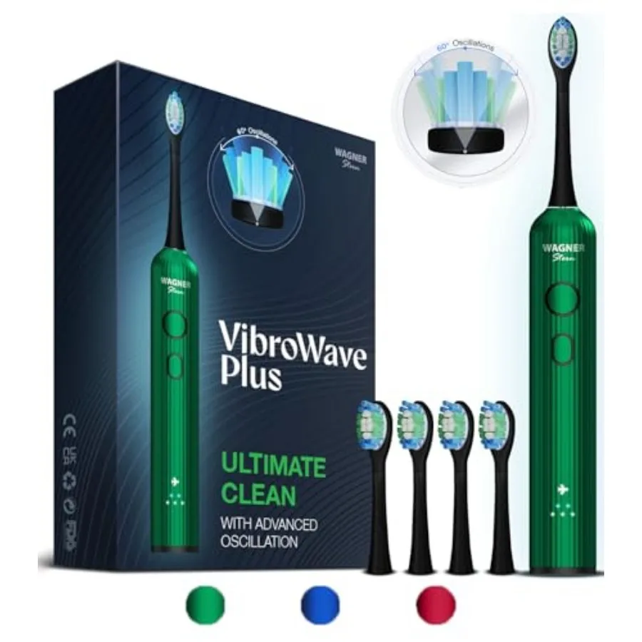 VibroWave Plus Oscillation and Vibration Sonic Electric Toothbrush with 4 Brush Heads. IPX7 Waterproof