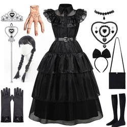 W-Wednesday Costume Addams Black Dress Girls Halloween Cosplay